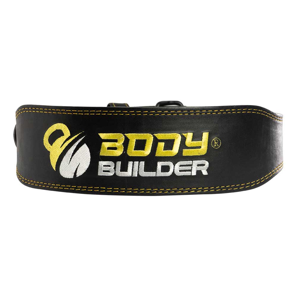 Leather Body Builder Belt with Back Support, M, Black & Yellow - Body Builder